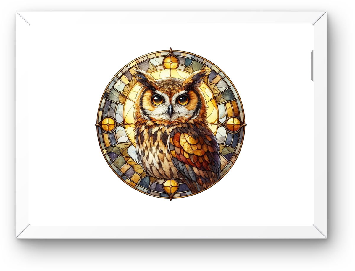 Stained Glass Owl Wall Art | Golden Mosaic Bird Print | Mystical Home Decor Gift