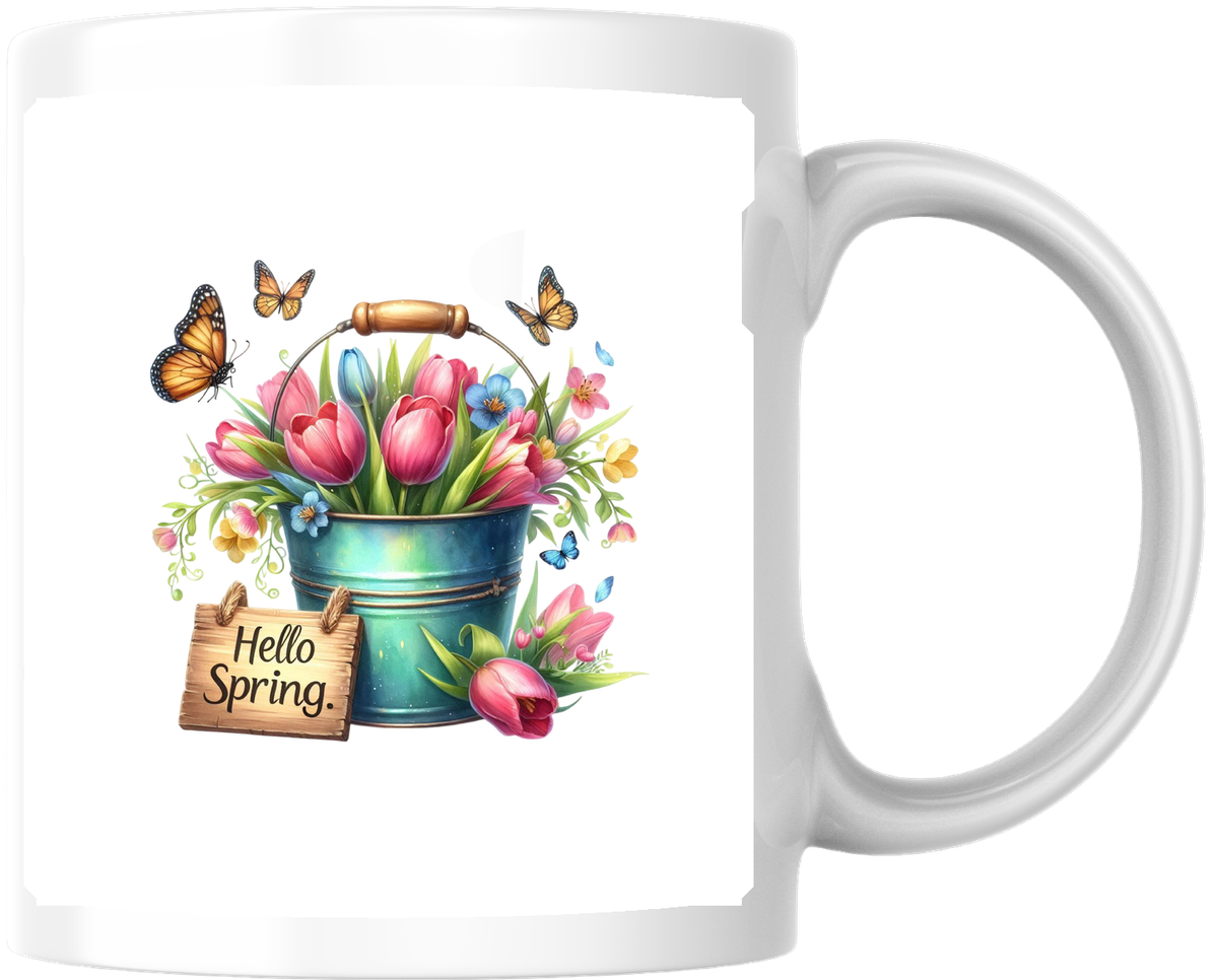 Hello Spring Tulip Bucket Mug | Watercolor Floral Coffee Mug | Spring Flowers Gift