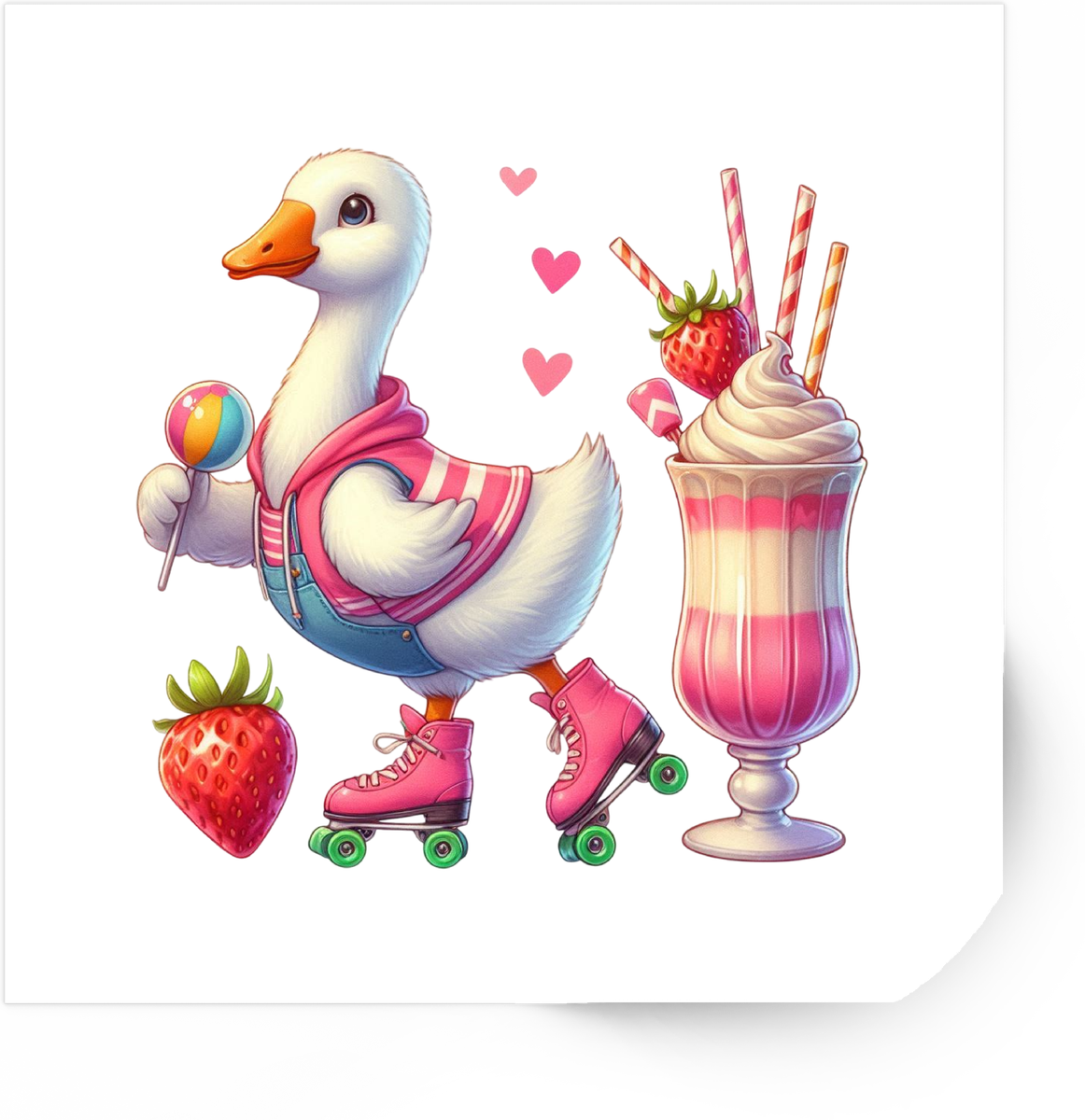 Roller Skating Duck Sticker | Cute Pink Milkshake Vinyl Decal | Kawaii Strawberry Gift
