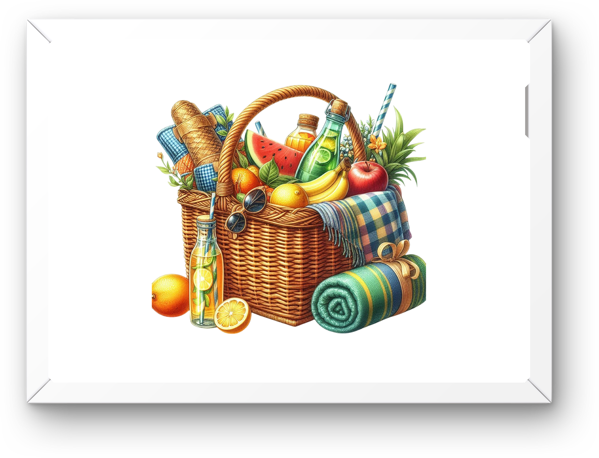 Summer Picnic Basket Wall Art | Watercolor Fruit & Wine Picnic Print | Outdoor Lover Gift