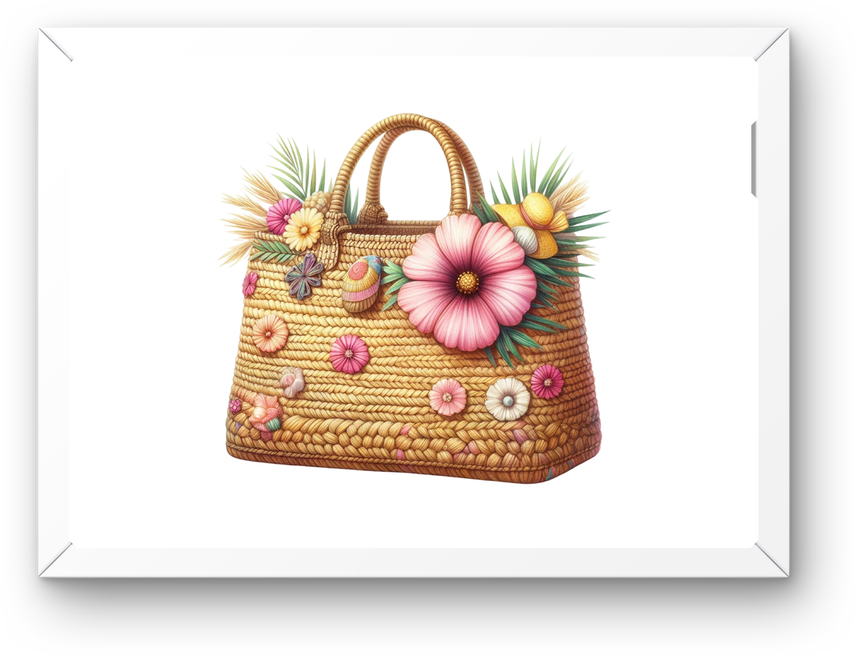 Tropical Straw Beach Bag Wall Art | Watercolor Hibiscus Print | Summer Coastal Decor Gift