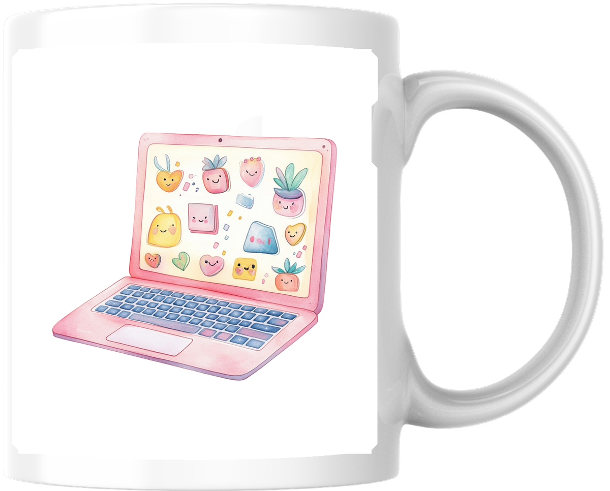 Kawaii Pink Laptop Mug | Cute Sticker Aesthetic Coffee Mug | Tech Girl Gift